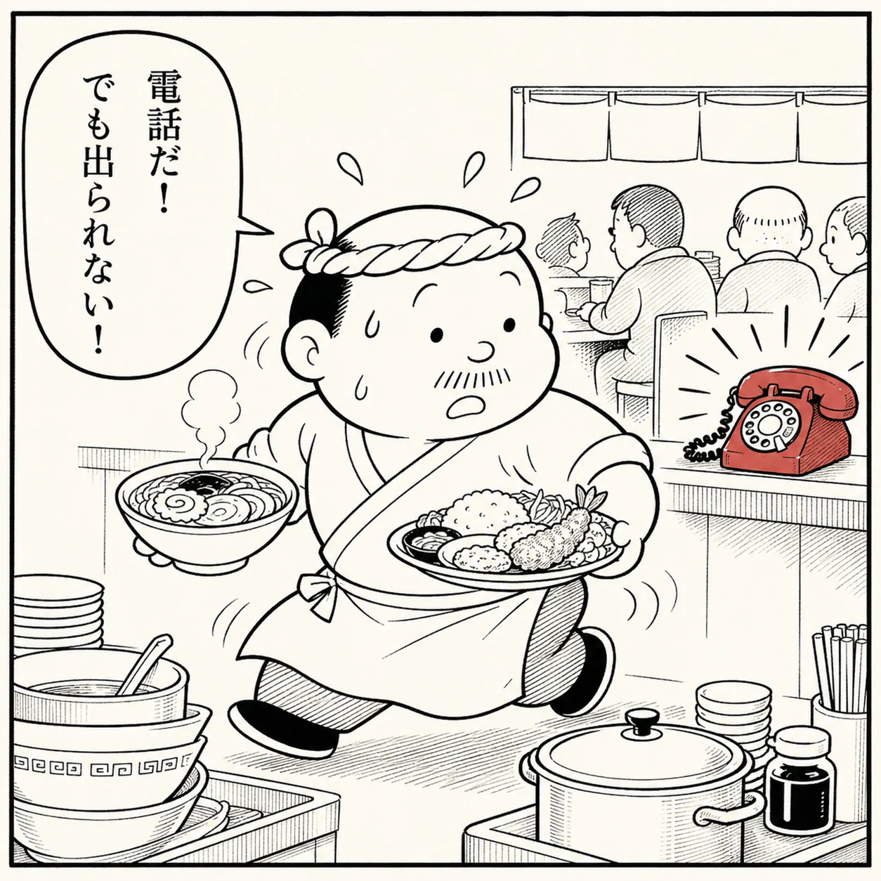 満席のピークタイムに電話へ出られない大将