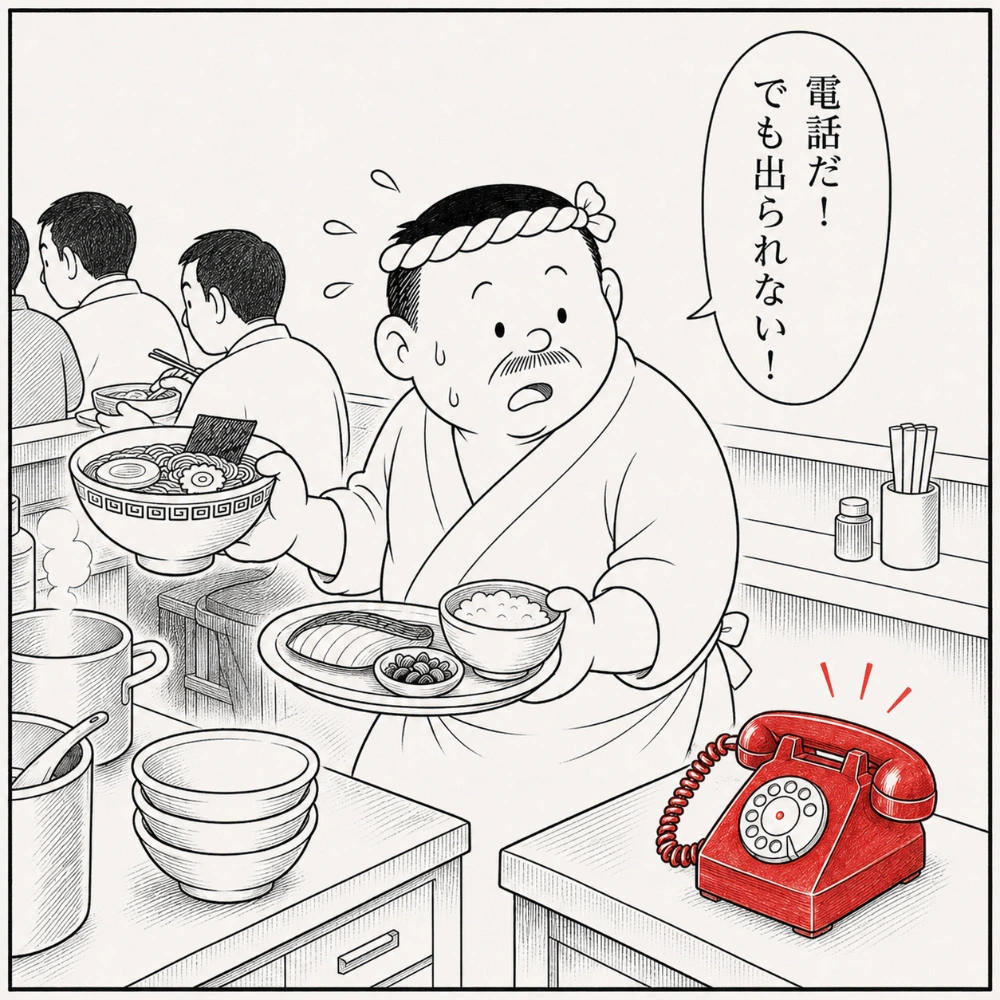 満席のランチタイム。両手がふさがった大将が鳴り続ける電話に出られない。「電話だ！でも出られない！」