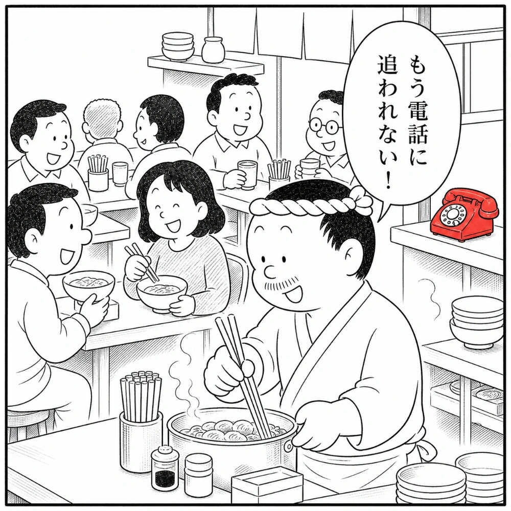 満席の店内。大将は料理に集中し、お客様も笑顔。「もう電話に追われない！」