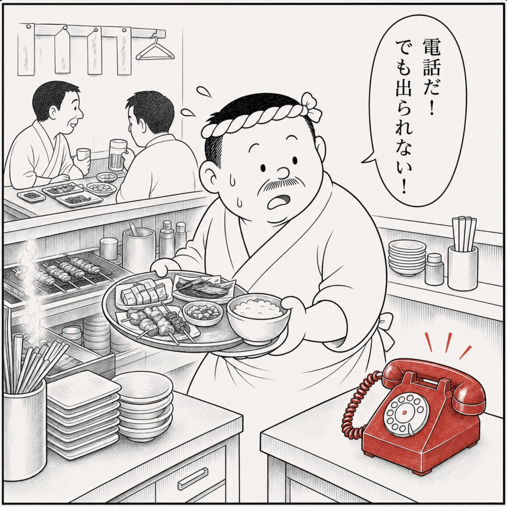 営業中の居酒屋。両手がふさがった大将が、鳴る電話に出られない。「電話だ！でも出られない！」