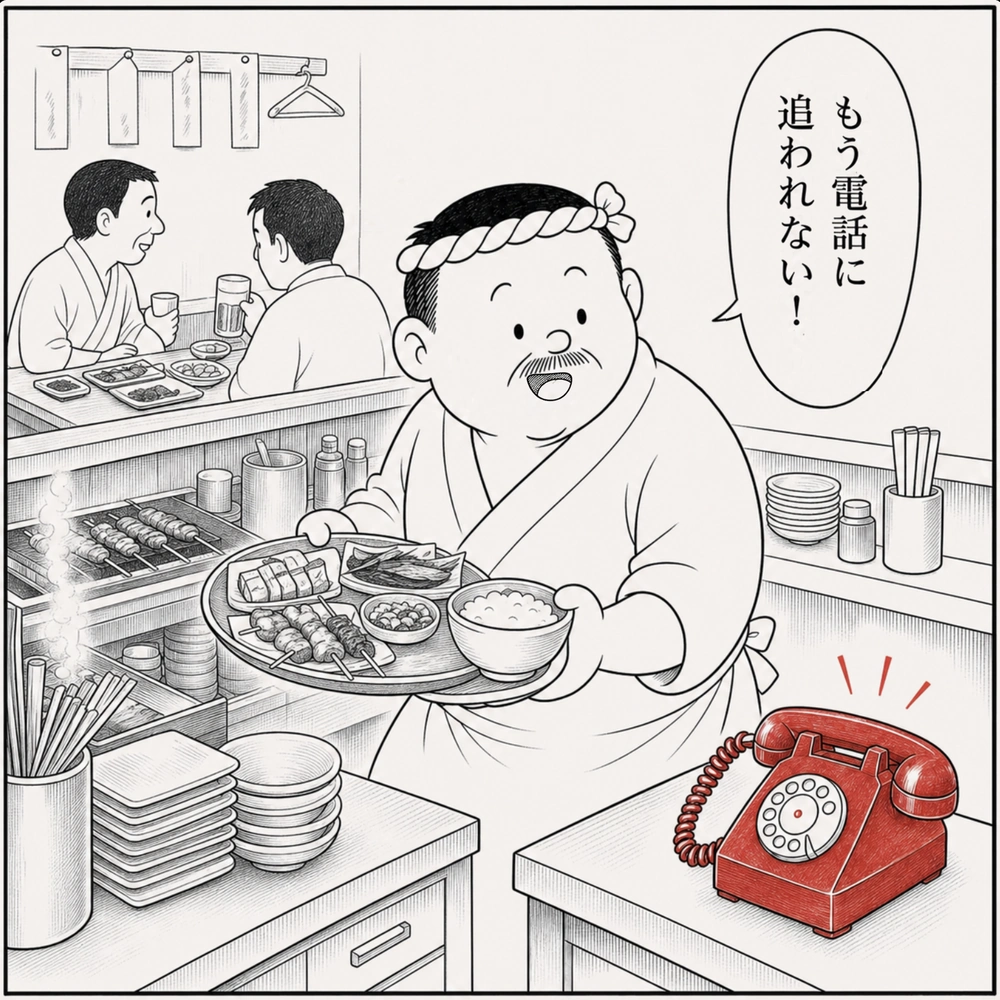 同じ居酒屋で、大将が電話に追われず料理と接客に集中している。「もう電話に追われない！」