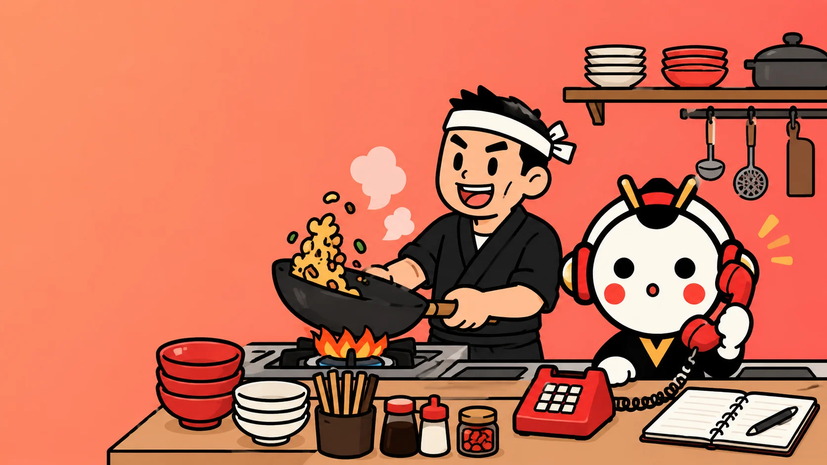 厨房で料理に集中する店主の隣で、こえの助が電話応対しているイラスト