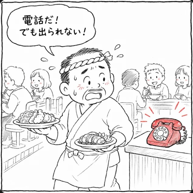 満席のランチタイム。両手がふさがった大将が鳴り続ける電話に出られない。「電話だ！でも出られない！」