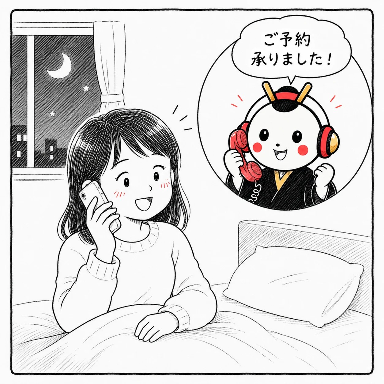 深夜、お客様の電話にこえの助が応対。「ご予約 承りました！」