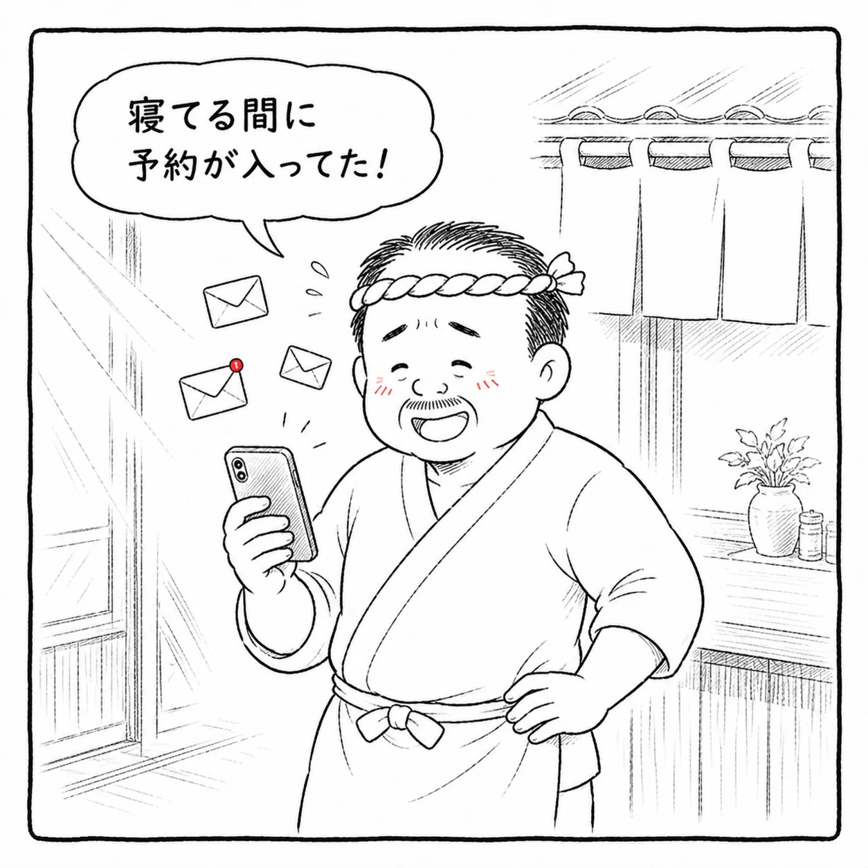 メールで予約通知を確認して喜ぶ大将。「寝てる間に予約が入ってた！」